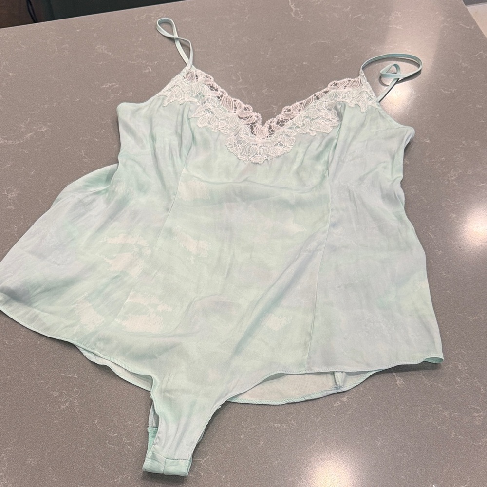 Free People Mint Satin Lace-Trim Bodysuit